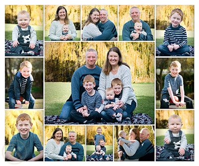 Photo collage showing 13 images of family group - parents and 3 children